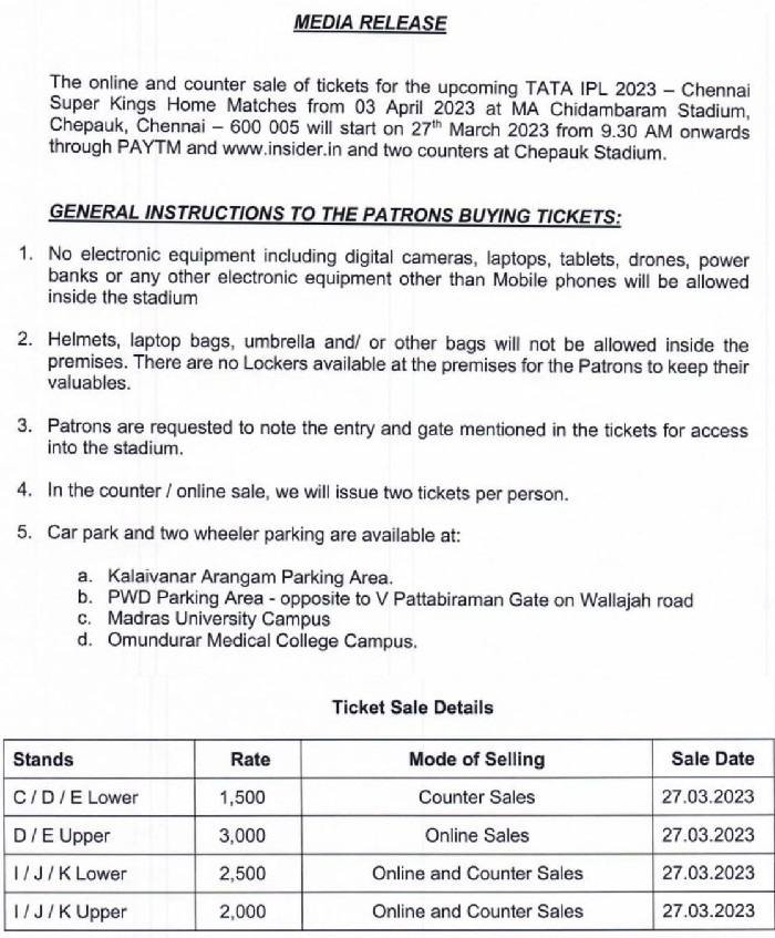 IPL Tickets 2024 Chennai, Chepauk Stadium Tickets Price List 2024