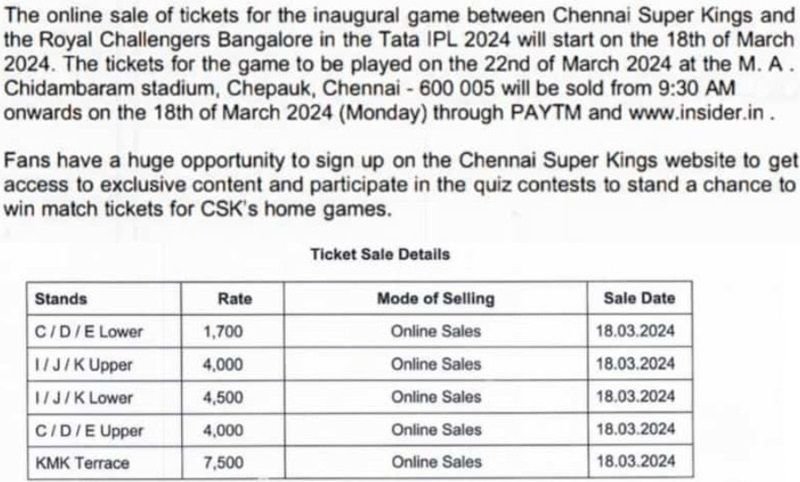 IPL Tickets Price List Chennai 2024